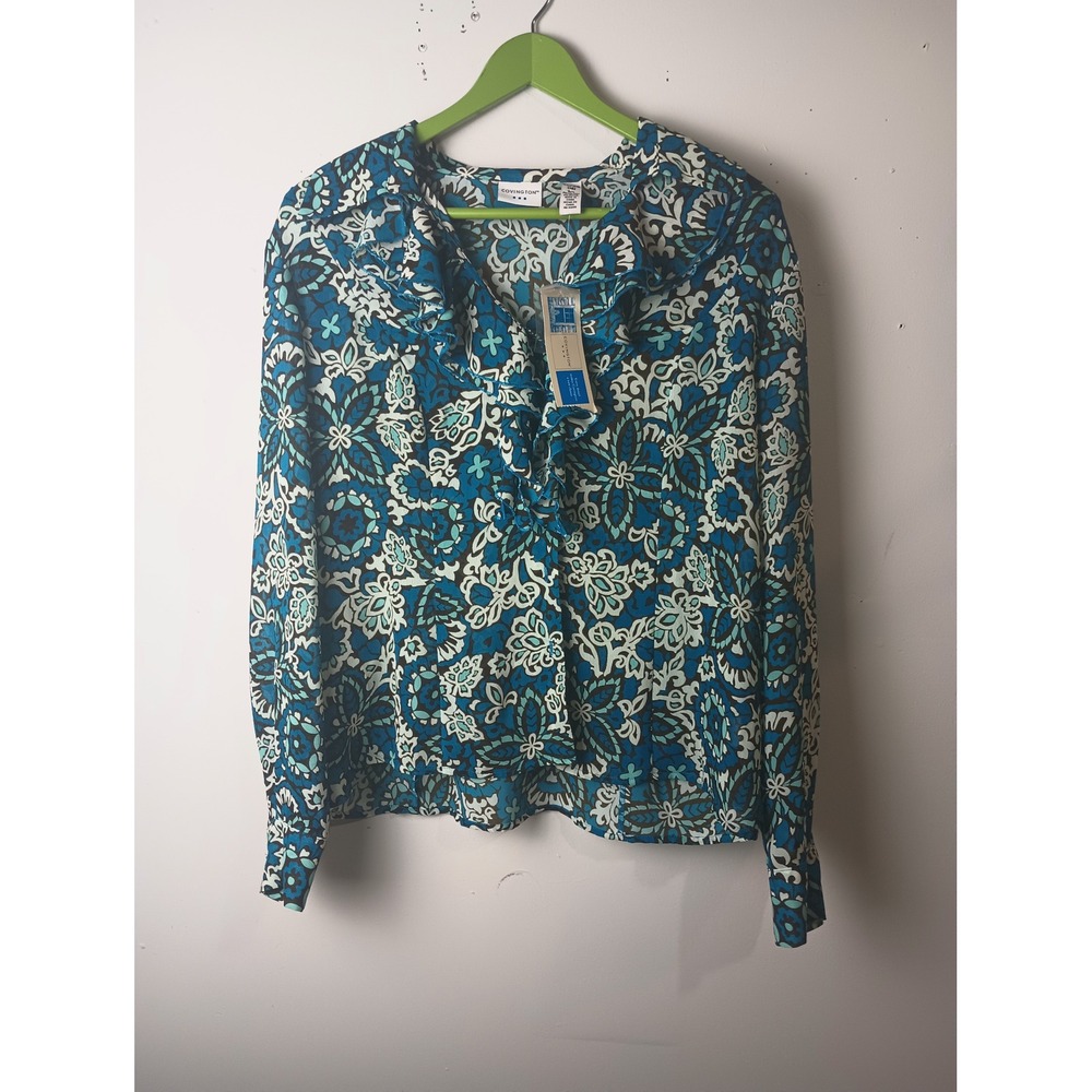 Covington Teal Brown Floral Ruffle Blouse XL Long Sleeve Fairy Grunge Top